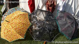 A collection of beautifully painted parasols at Big Green Gathering 2007. Burrington, Cheddar, Great Britain. © 2007 Photographicon