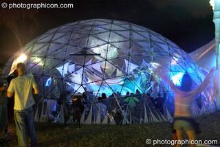 Large decorated transparent geodesic dome in the idspiral chillout area at Glade Festival 2005. Aldermaston, Great Britain. © 2005 Photographicon
