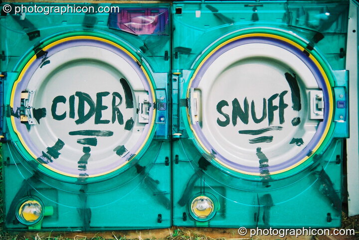 Base of a cider &amp; snuff stall made from old washing machines at Glastonbury Festival 2003. Pilton, Great Britain. © 2003 Photographicon