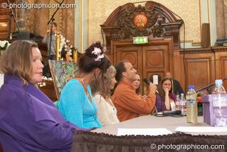 The discussion pane at the London Festival of Tantra 2008 feauring (left to right) Angela Hassan, Jewls Wingfield, Mahasatvaa Ma Ananda Sarita, Mark A. Michaels, Patricia Johnson, and Bernadette Vallely. Great Britain. © 2008 Photographicon