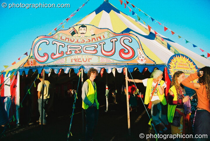 The outside of the Croissant Neuf tent as the sunsets at Big Green Gathering 2003. Cheddar, Great Britain. © 2003 Photographicon