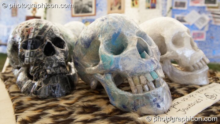 Sellotape skulls exhibited Big Green Gathering 2005. Burrington, Cheddar, Great Britain. © 2005 Photographicon
