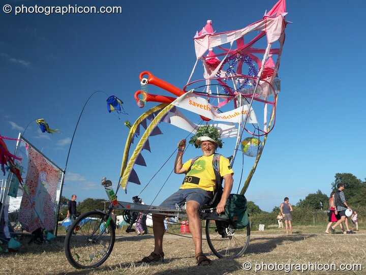 Professor Des Kayoss on his kinetic bicycle sculpture at Big Green Gathering 2006. Burrington, Cheddar, Great Britain. © 2006 Photographicon