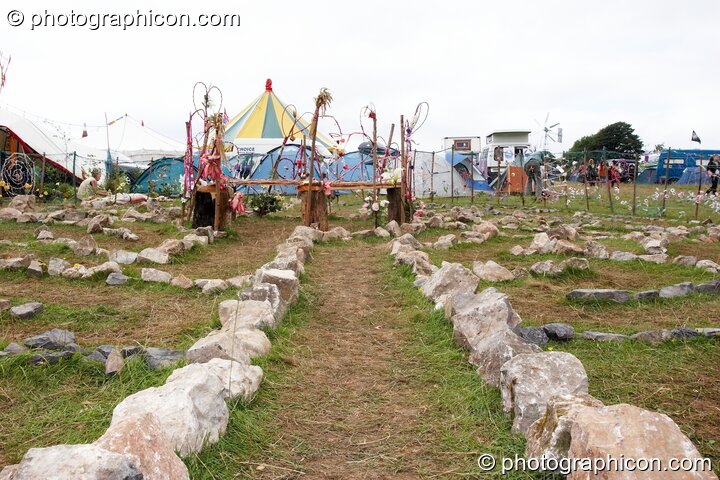 A stone labyrinth laid out on the grass at Big Green Gathering 2007. Burrington, Cheddar, Great Britain. © 2007 Photographicon