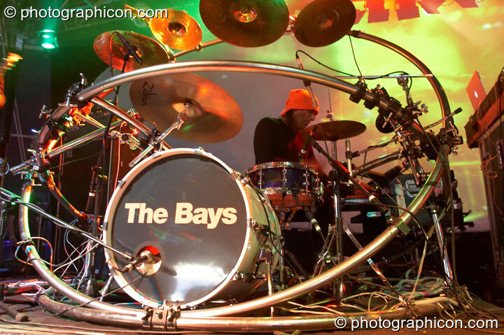 Andy Gangadeen (and his circular drum kit) of The Bays performing on the Main Stage at Glade Festival 2005. Aldermaston, Great Britain. © 2005 Photographicon