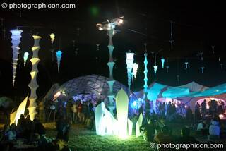 Nightime view of the illuminated idspiral chillout area at Glade Festival 2005. Aldermaston, Great Britain. © 2005 Photographicon