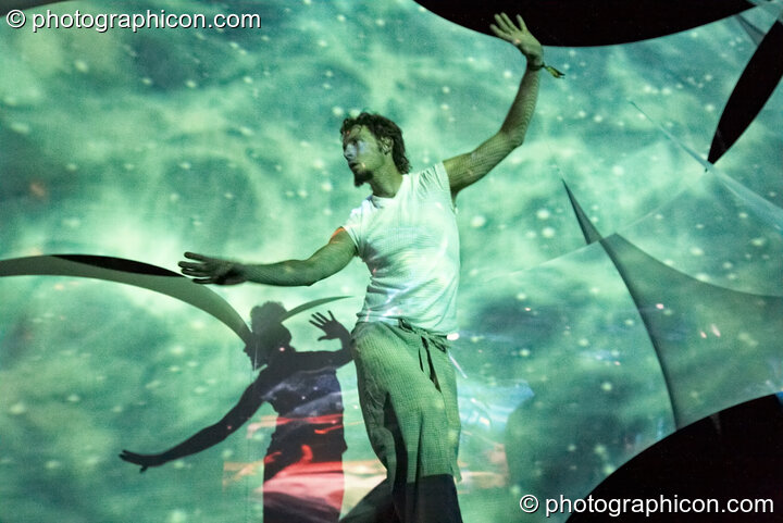 Tom Peto of Arcescape performs a dance of light on the IDSpiral outdoor stage at Glade Festival 2006. Aldermaston, Great Britain. © 2006 Photographicon