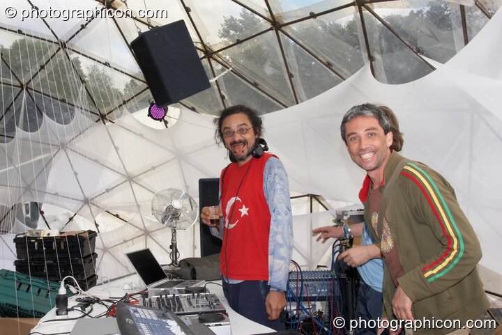 Maurizio Liguori (aka Mauxuam) performs next to a grinning Aliji on the IDspiral Stage at Glade Festival 2007. Aldermaston, Great Britain. © 2007 Photographicon