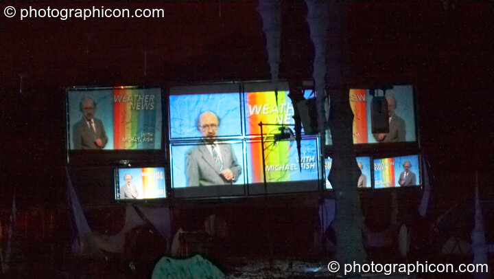 Michael Fish's famous \"no hurricane\" weather report projected by the Inside-Us-All VJs in the IDspiral arena at Glade Festival 2007. Aldermaston, Great Britain. © 2007 Photographicon