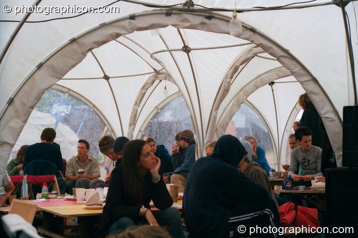 An unusually arched cafe tent at Glastonbury Festival 2002. Pilton, Great Britain. © 2002 Photographicon