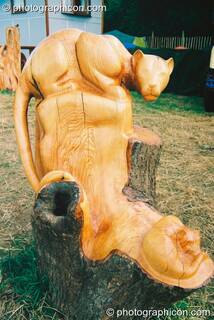 Vandweller wood sculpture of a cat at Glastonbury Festival 2003. Pilton, Great Britain. © 2003 Photographicon