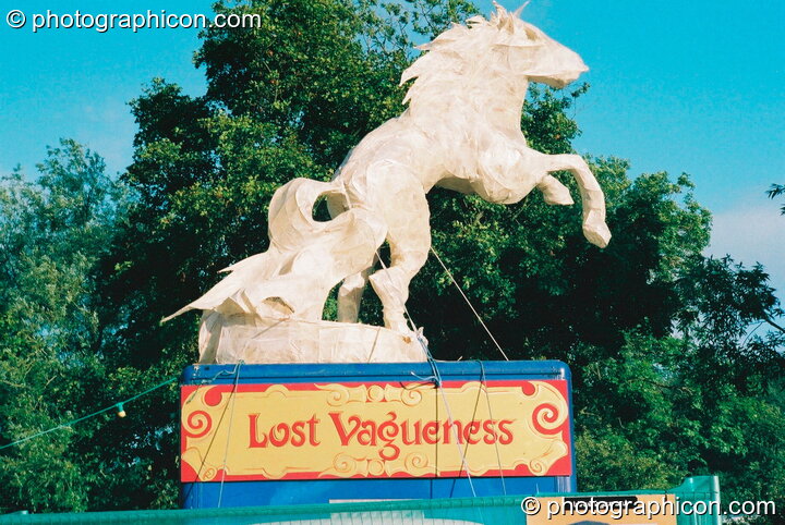Sculpture of a horse in the Lost Vagueness field at Glastonbury Festival 2003. Pilton, Great Britain. © 2003 Photographicon