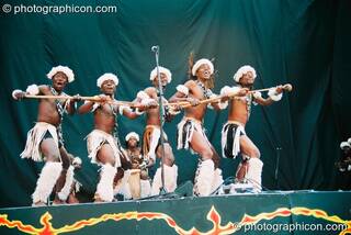 African dancers with Ziyaya on stage at Glastonbury Festival 2003. Pilton, Great Britain. © 2003 Photographicon