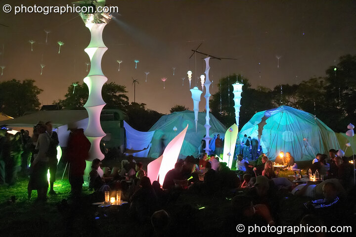 The exterior of the idSpiral area (Dance Village) by night at Glastonbury Festival 2005. Pilton, Great Britain. © 2005 Photographicon