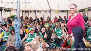Bernadette Vallely talks to the Green Police meeting in their HQ at Glastonbury Festival 2007. Pilton, United Kingdom. © 2007 Photographicon