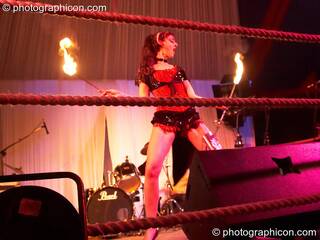 Miss Demeanor performs with fire in the Lost Vagueness Chapel at Glastonbury Festival 2007. Pilton, United Kingdom. © 2007 Photographicon