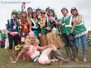 A group photo of Green Police outside their head quarters at Glastonbury Festival 2008. Pilton, Great Britain. © 2008 Photographicon