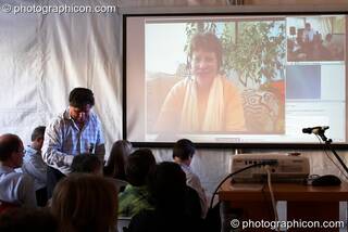 A group teleconference with Marilyn Schlitz at the Renaissance2 Great Shift Gathering 2009. Perpignan, France. © 2009 Photographicon