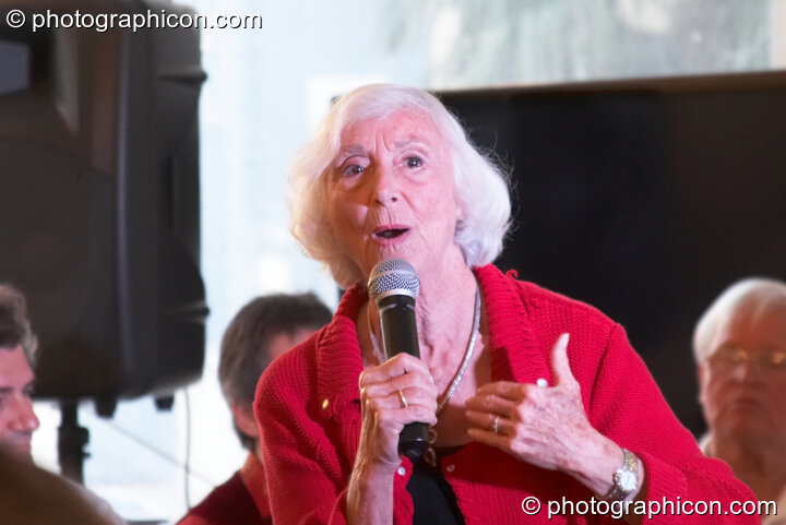 Barbara Marx Hubbard on a group teleconference at the Renaissance2 Great Shift Gathering 2009. Perpignan, France. © 2009 Photographicon