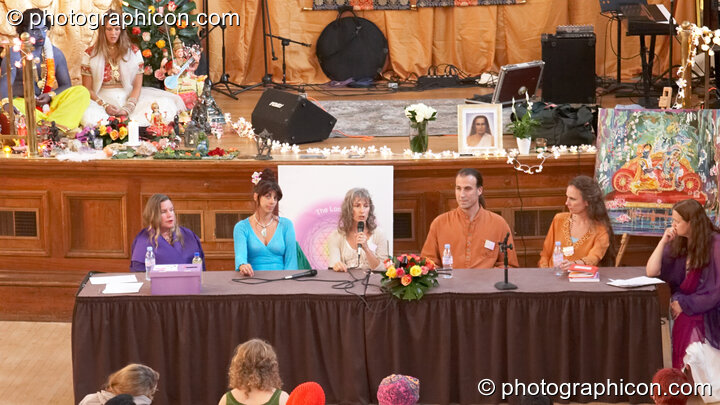 The discussion panel at the London Festival of Tantra 2008 feauring (left to right) Angela Hassan, Jewls Wingfield, Mahasatvaa Ma Ananda Sarita, Mark A. Michaels, Patricia Johnson, and Bernadette Vallely. Great Britain. © 2008 Photographicon