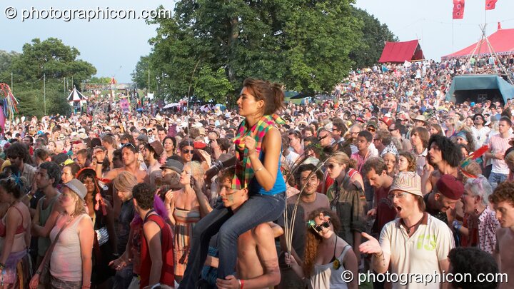 The crowded audience watch Morcheeba perform on the Great Stage at the Secret Garden Party 2008. Huntingdon, Great Britain. © 2008 Photographicon
