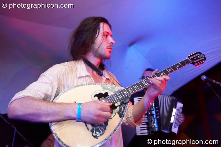 Alejandro Toledo And The Magic Tombolinos perform on the Small World stage at the Secret Garden Party 2008. Huntingdon, Great Britain. © 2008 Photographicon