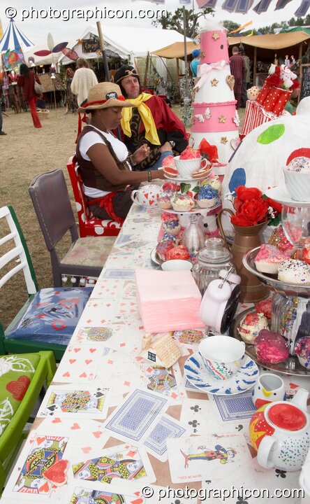 A table set for a wonky Mad Hatter style tea party at the Secret Garden Party 2010. Huntingdon, Great Britain. © 2010 Photographicon