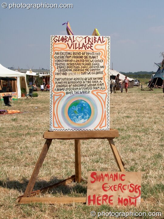 A sign advertising Shamanic exercises in the Global Tribal Village at Sunrise Celebration 2006. Yeovil, Great Britain. © 2006 Photographicon