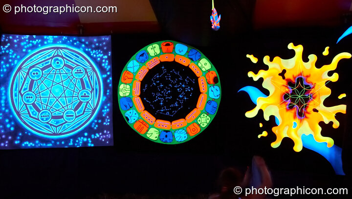 Myan inspired UV art in the Visionary Arts And Culture area at Sunrise Celebration 2006. Yeovil, Great Britain. © 2006 Photographicon