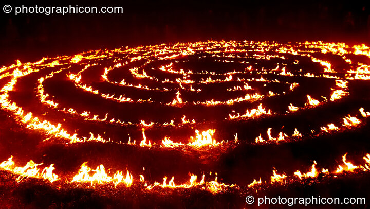 The Green Dragon fire labyrinth blazes at Sunrise Celebration 2007. Yeovil, Great Britain. © 2007 Photographicon