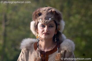 A lady shaman from Eastern Europe wearing traditional animal skin dress at the Turaya Gathering 2004. Wimborne, Great Britain. © 2004 Photographicon