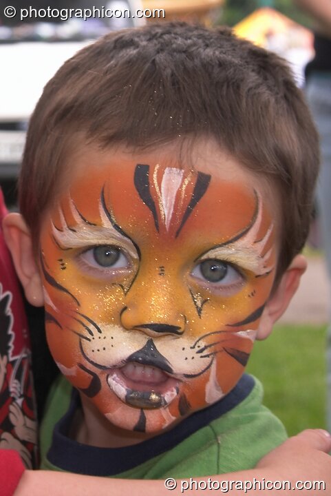 Small boy with face professionally pained as a tiger at Kingston Green Fair 2004. Kingston Upon Thames, Great Britain. © 2004 Photographicon