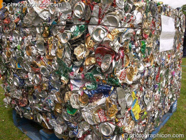 A large compressed block of drink cans at the London Green Lifestyle Show 2005. Great Britain. © 2005 Photographicon