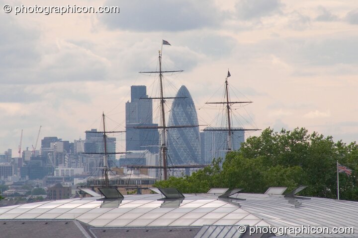 View of the 'Gherkin' and Cutty Sark over Greenwich roofs at the London Green Lifestyle Show 2005. Great Britain. © 2005 Photographicon
