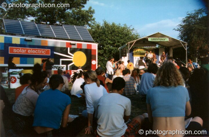The Green Peace solar electric truck powers the main stage at Kingston Green Fair 1997. Kingston upon Thames, Great Britain. © 1997 Photographicon