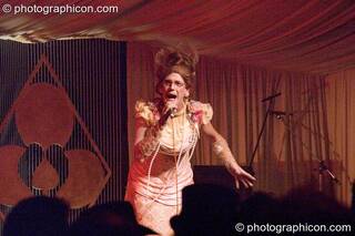 Ida Barr comparing on stage at the Lost Vagueness Summer Party 2004. Lewes, Great Britain. © 2004 Photographicon