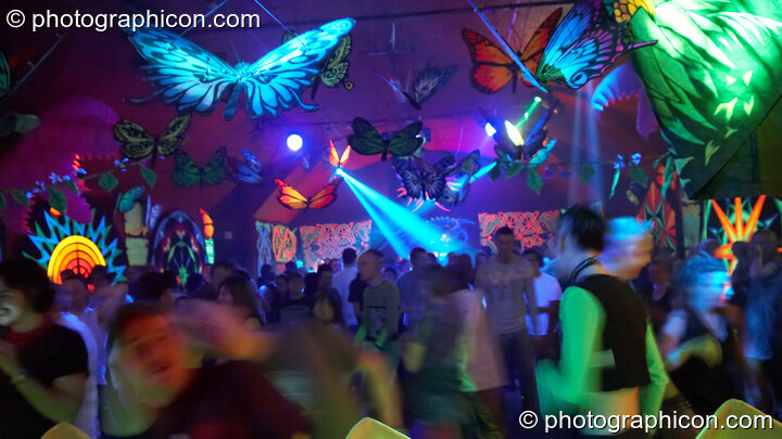 View from the DJ stage of the butterfly decor in the Tribe of Frogs space at the Twisted Records Label Party. London, Great Britain. © 2006 Photographicon