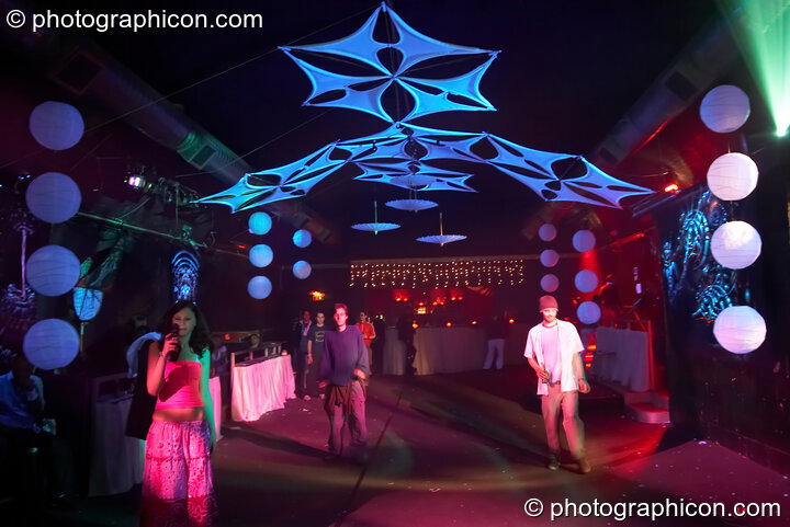 People dancing under decor by Fluffly Mafia in the Psychedelic Rollercoaster Room at Chrysalid. London, Great Britain. © 2006 Photographicon