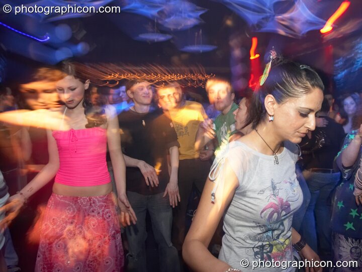 Dancers under Fluffy Mafia decor in the Psychedelic Rollercoaster Room at Chrysalid. London, Great Britain. © 2006 Photographicon