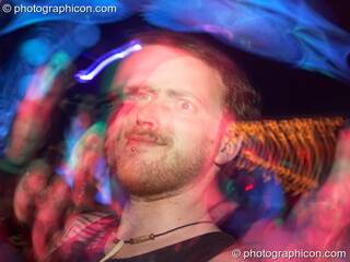 Henry has a head expanding experience in the Psychedelic Rollercoaster Room at Chrysalid. London, Great Britain. © 2006 Photographicon