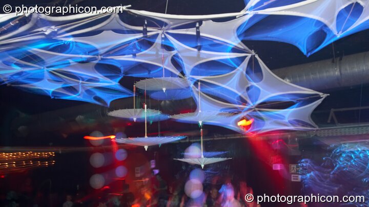 People dancing under decor by Fluffly Mafia in the Psychedelic Rollercoaster Room at Chrysalid. London, Great Britain. © 2006 Photographicon