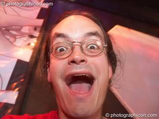 Rupert pulls faces to the camera at the Liquid Records party. London, Great Britain. © 2007 Photographicon