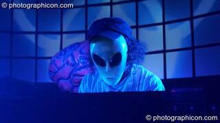 Joie Hinton of Eat Static performs in a space alien mask on the Main Stage at the Twisted Records concert. London, Great Britain. © 2007 Photographicon