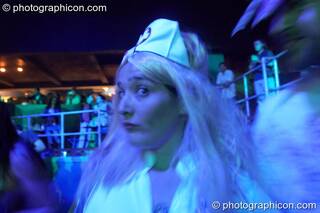 A woman in nurses uniform dances at the Pukka / Interpole / Mindscapes Halloween party. London, Great Britain. © 2007 Photographicon