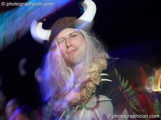 A man in Viking horned helmet dances at the Pukka / Interpole / Mindscapes Halloween party. London, Great Britain. © 2007 Photographicon