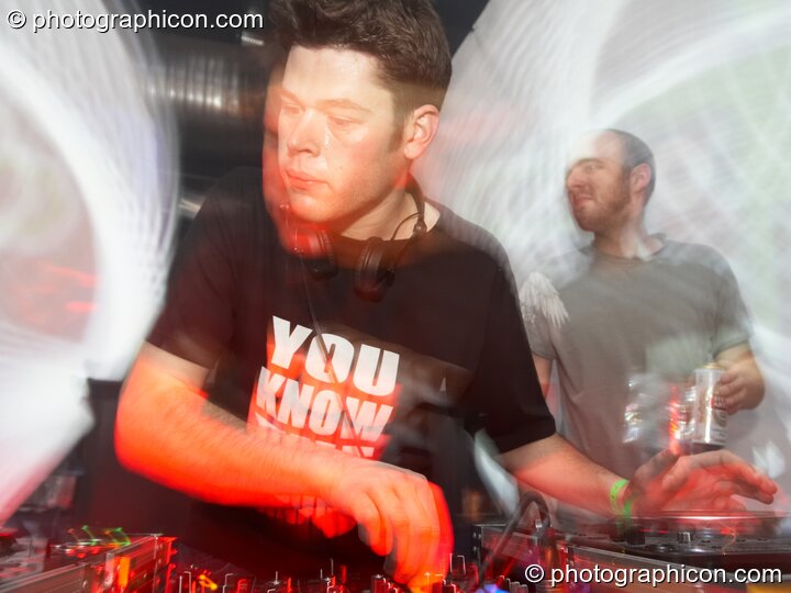 Far Too Loud (Funkatech/Archangel^) DJ on the Archangel & Nu-school Hippies stage with visual projections by VJ Air / Inside-Us-All at Alpha Omega. London, Great Britain. © 2008 Photographicon