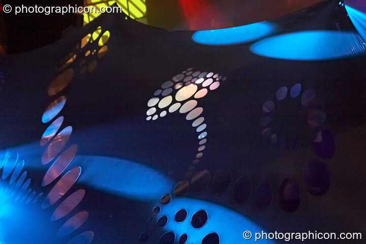 The light show illuminates stretchy decor by Extra Dimensional Space Agency in the Future Funk Room at Future Music. London, Great Britain. © 2008 Photographicon