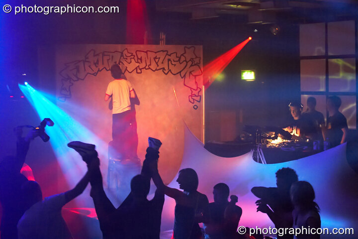 Live painting and graffiti art by in the Future Funk Room at Future Music. London, Great Britain. © 2008 Photographicon