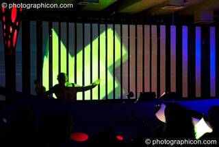 Gaudi (Interchill Records / 6 Degrees) performs in the Future Funk Room with a backdrop bar-screen visual installation by Inside Solutions at Future Music. London, Great Britain. © 2008 Photographicon