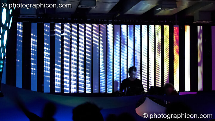 Atomic Drop (Liquid Records) perform in the Future Funk Room with a backdrop bar-screen visual installation by Inside Solutions at Future Music. London, Great Britain. © 2008 Photographicon